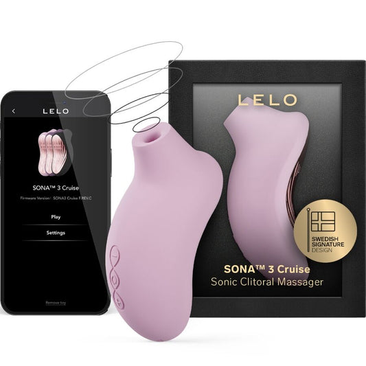 Soft pink LELO SONA 3 Cruise sonic clitoral massager with black packaging and smartphone app interface shown.