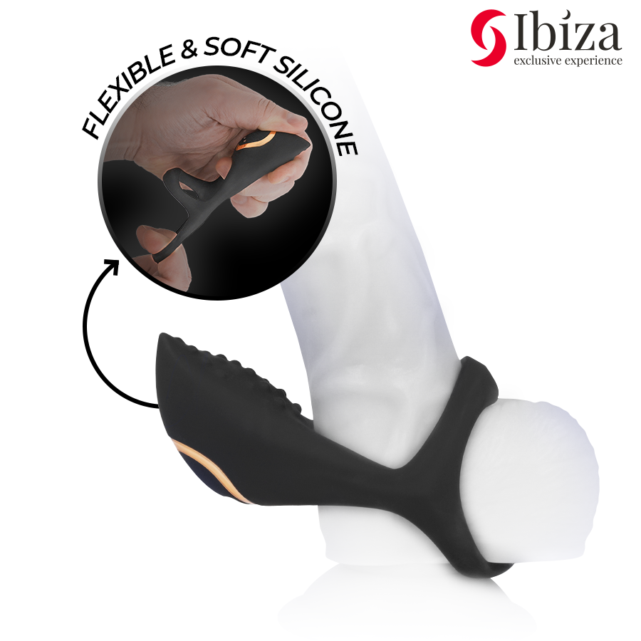Black flexible silicone multi-ring cock ring with textured vibrating section.