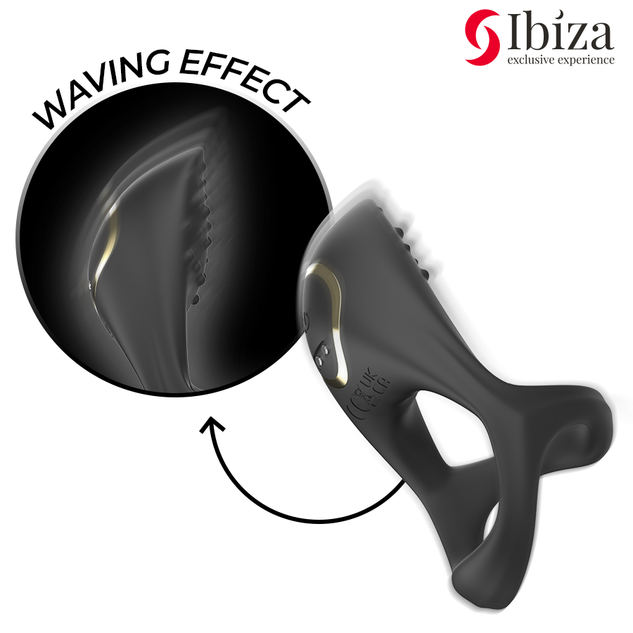 Black flexible cock ring with textured vibrating tip and ergonomic design.