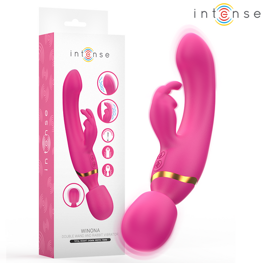 Pink rabbit-style vibrator with curved shaft and rotating wand base, gold accent band.