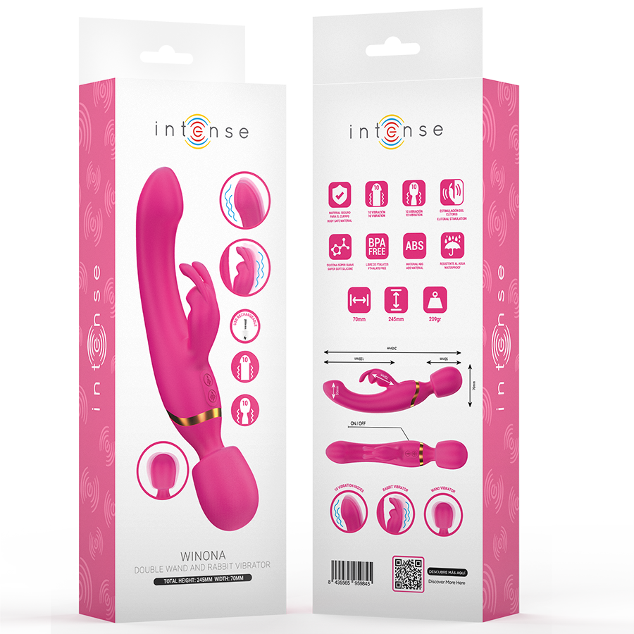 Pink double vibrator rabbit and wand with flexible shaft and textured tip in retail packaging.