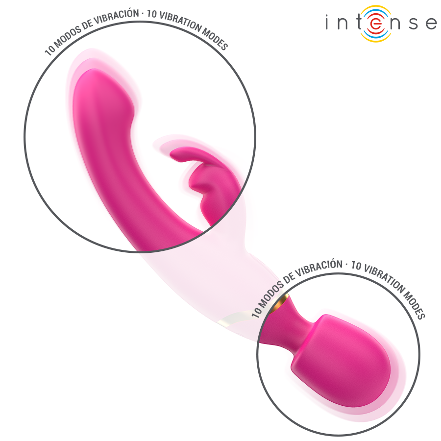 Pink dual-ended vibrator with curved shaft and rabbit-style clitoral stimulator, textured wand head.