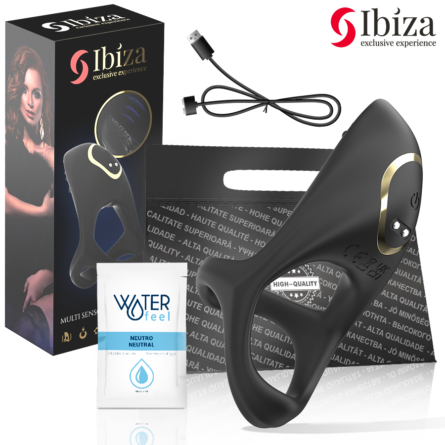 Black silicone cock ring with vibrating motor and gold accent, USB charging cable included, water-based lubricant sample,.