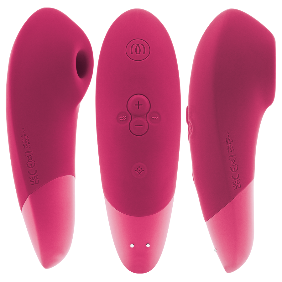 Vibrant pink clitoral stimulator with ergonomic shape and control buttons on silicone body.