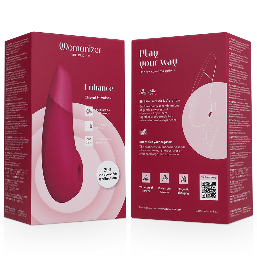 Vibrant pink Womanizer Enhance clitoral stimulator with sleek ergonomic design on product packaging.