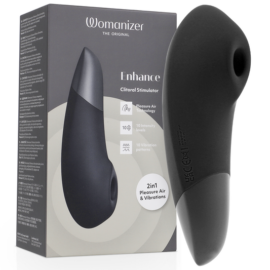 Black ergonomic clitoral stimulator with sleek curved design and silicone finish next to its gray and white packaging box.