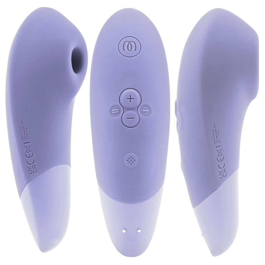 Lilac Womanizer Enhance clitoral stimulator with ergonomic shape and silicone texture.