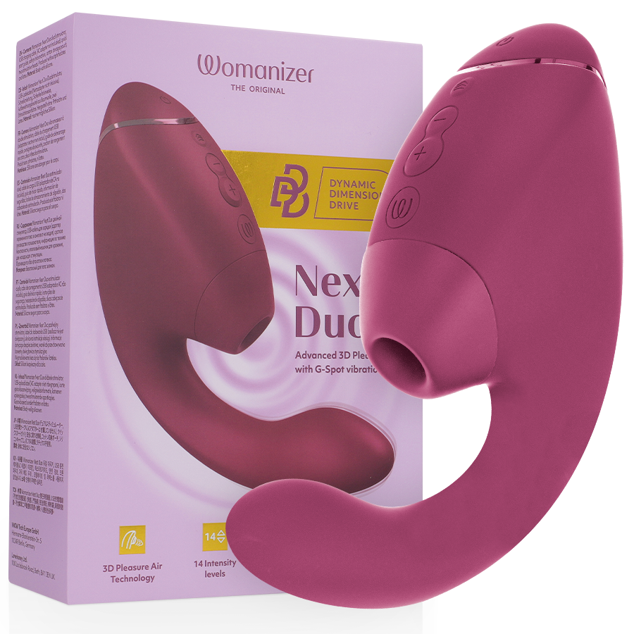Dusky pink dual clitoral and G-spot stimulator with curved silicone design and control buttons, shown with packaging.