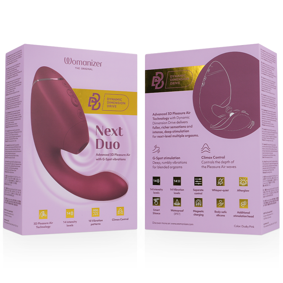 Dusky pink Womanizer Duo Next dual clitoral and G-spot stimulator with slim ergonomic design on packaging.
