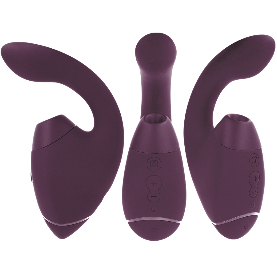 Dark purple dual clitoral and G-spot stimulator with ergonomic curved design and control buttons on handle.