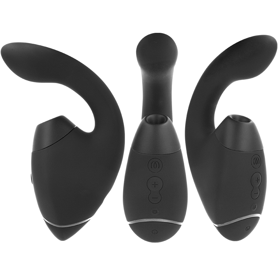 Black dual stimulator with curved G-spot arm and clitoral suction head, matte finish.