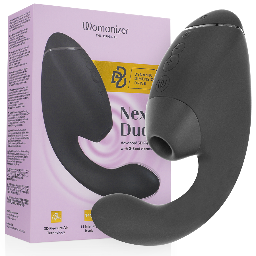 Black dual stimulator with curved G-spot arm and round clitoral suction head alongside lavender product box.