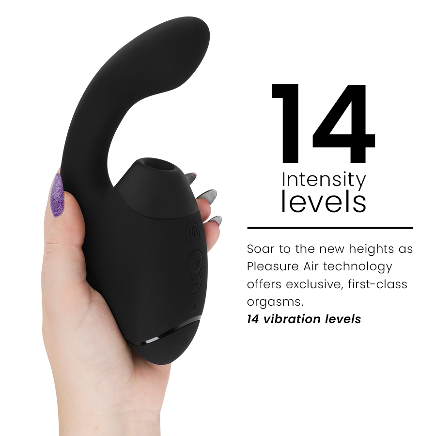 Black ergonomic dual clitoral and G-spot stimulator held in hand with 14 intensity levels text.