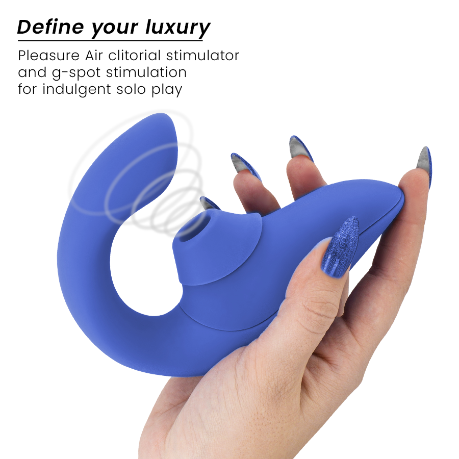 Vibrant blue silicone rabbit vibrator stimulator with curved shaft and clitoral air pulse head held in hand.