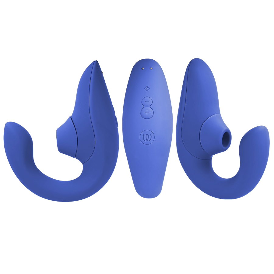 Vibrant blue silicone rabbit vibrator stimulator with curved shaft and remote control buttons.