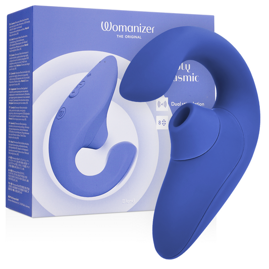 Vibrant blue Womanizer Blend rabbit vibrator stimulator with ergonomic design next to matching product box.