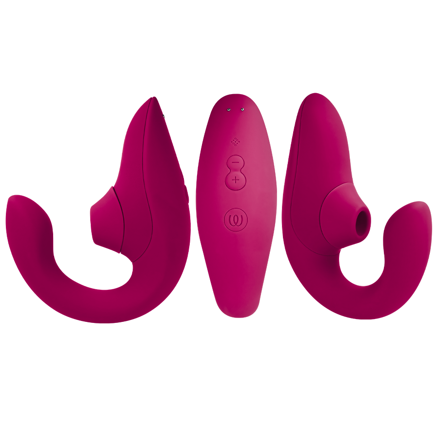 Vibrant pink rabbit vibrator stimulator with curved design and remote control buttons.