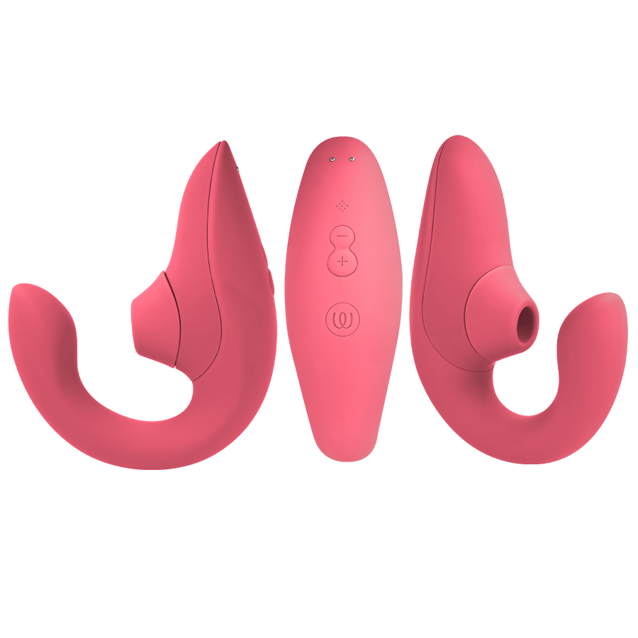 Vibrant rose silicone rabbit vibrator stimulator with ergonomic curved arms and three-button remote control.