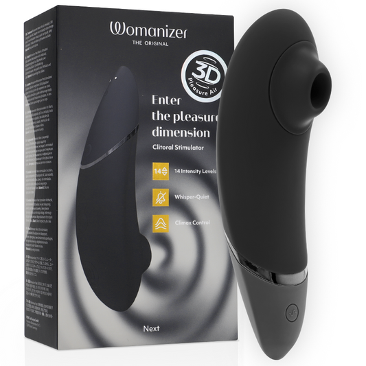 Black Womanizer Next clitoral stimulator with ergonomic curved design and control buttons.