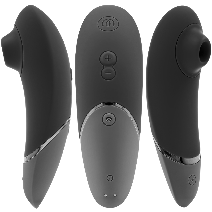Black ergonomic clitoral stimulator with three control buttons and silver accents shown from three angles.