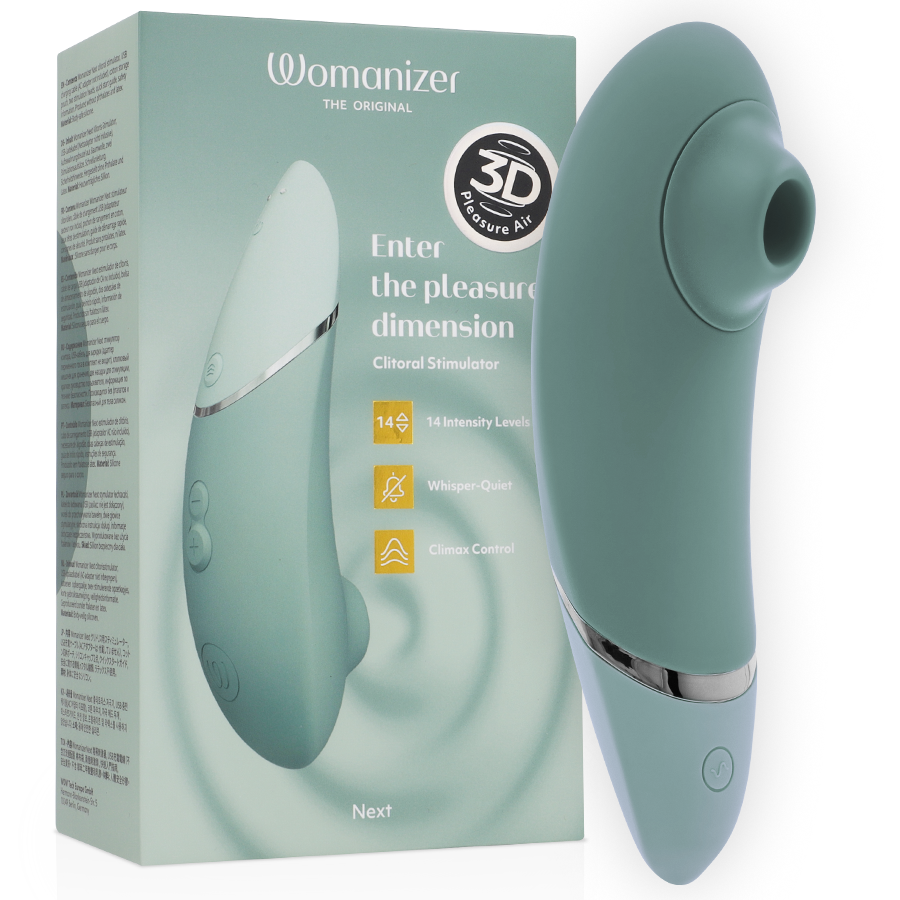 Sage green Womanizer Next clitoral stimulator with curved ergonomic design and silver accent button.