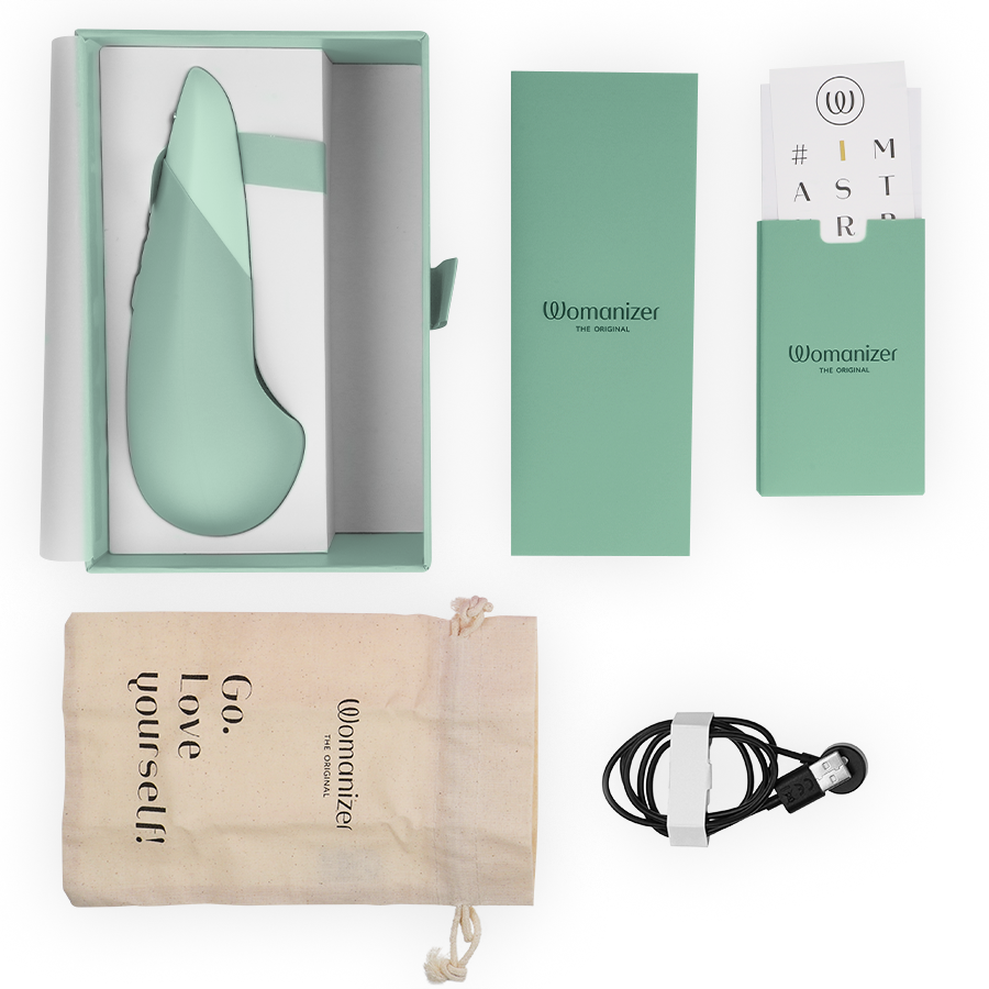 Sage green Womanizer Vibe Lay-On Silent vibrator with matching box, drawstring pouch, instruction manual, and USB charging.
