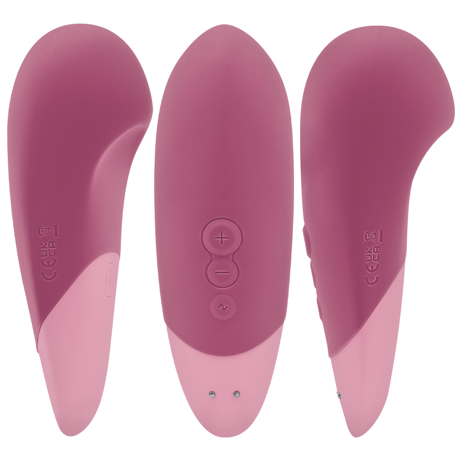Dusky pink curved silicone vibrator with smooth matte finish and three control buttons on top.