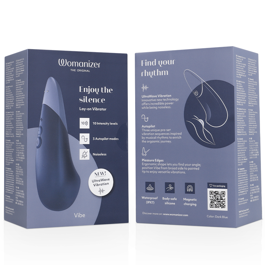 Dark blue Womanizer Vibe lay-on silent vibrator packaging with product features and usage illustration.