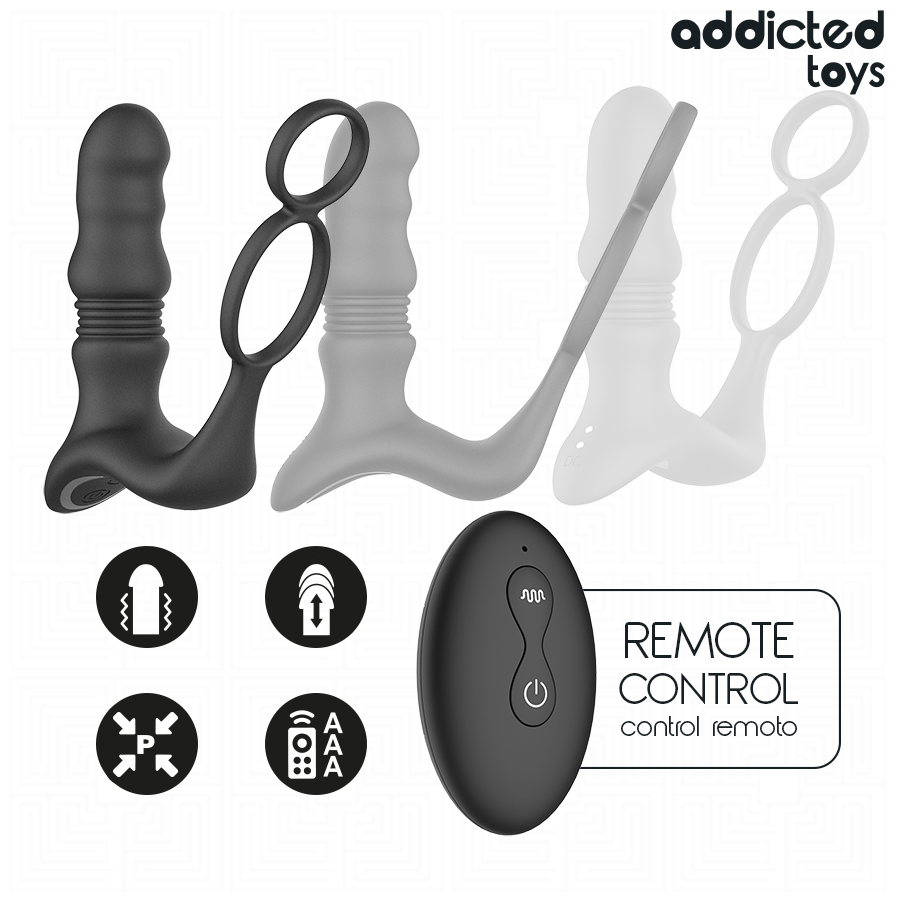 Black dual-loop prostatic ring with textured curved shaft and wireless remote control.