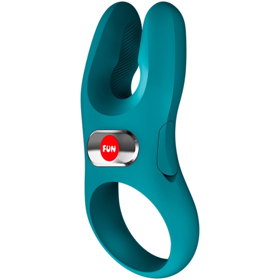 Teal silicone vibrating cock ring with dual prongs and red Fun Factory logo button.