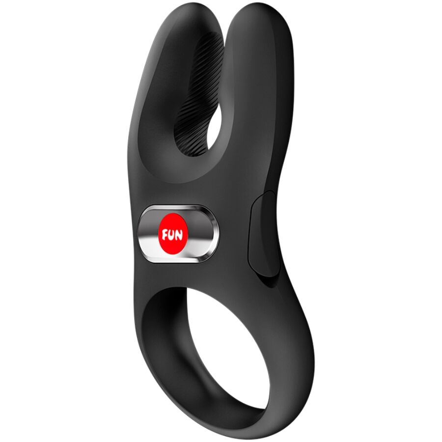 Black silicone vibrating cock ring with a dual-prong design and a red FUN button on the control panel.
