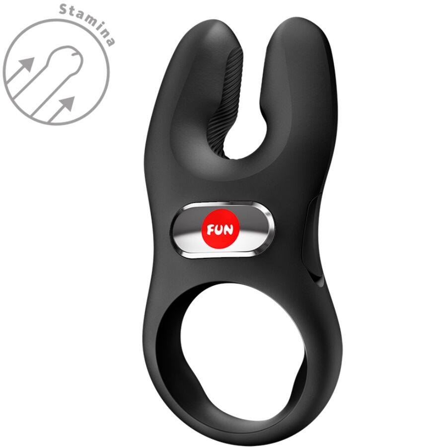 Black silicone vibrating cock ring with dual prongs and red FUN button.
