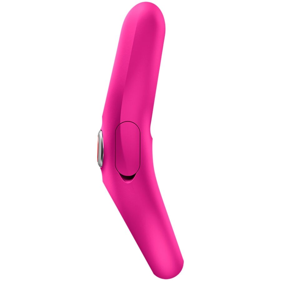 Magenta silicone vibrating cock ring with ergonomic shape and side control button.