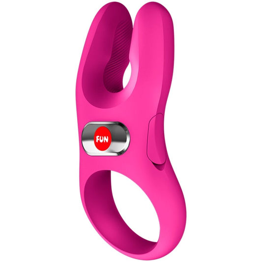Magenta silicone vibrating cock ring with dual prongs and silver accent button.