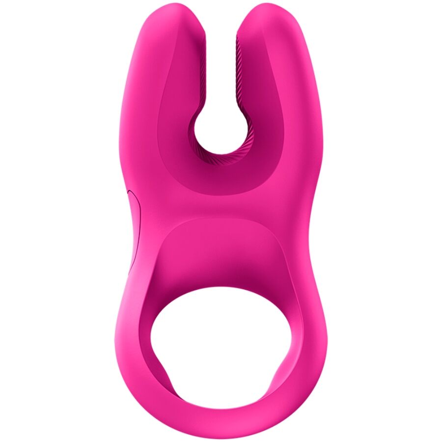 Magenta silicone vibrating cock ring with U-shaped dual motors and textured grips.