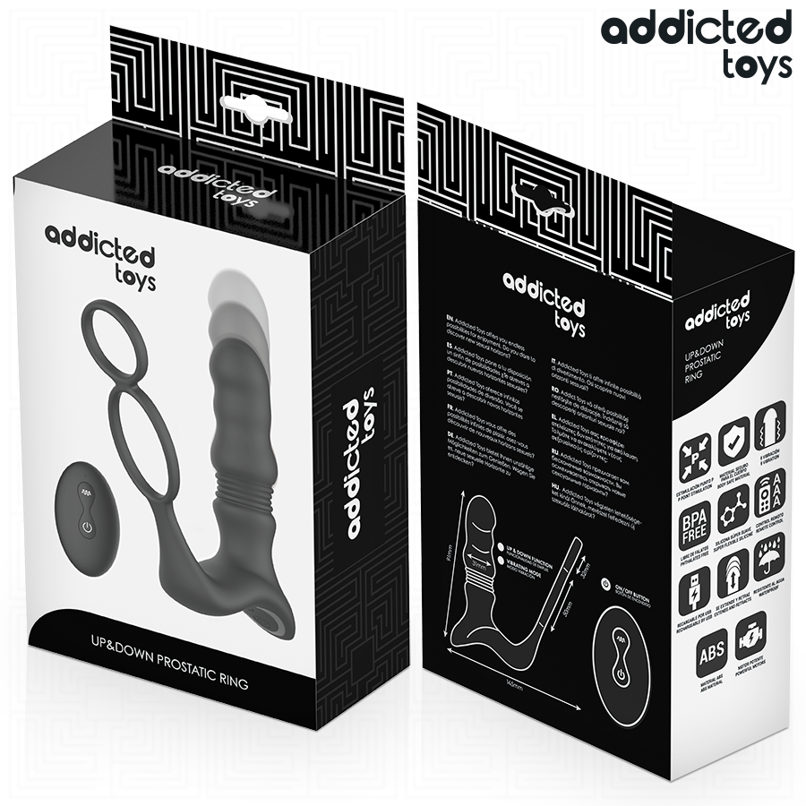 Black prostatic ring with wireless remote control in sleek black packaging with white geometric patterns and product.