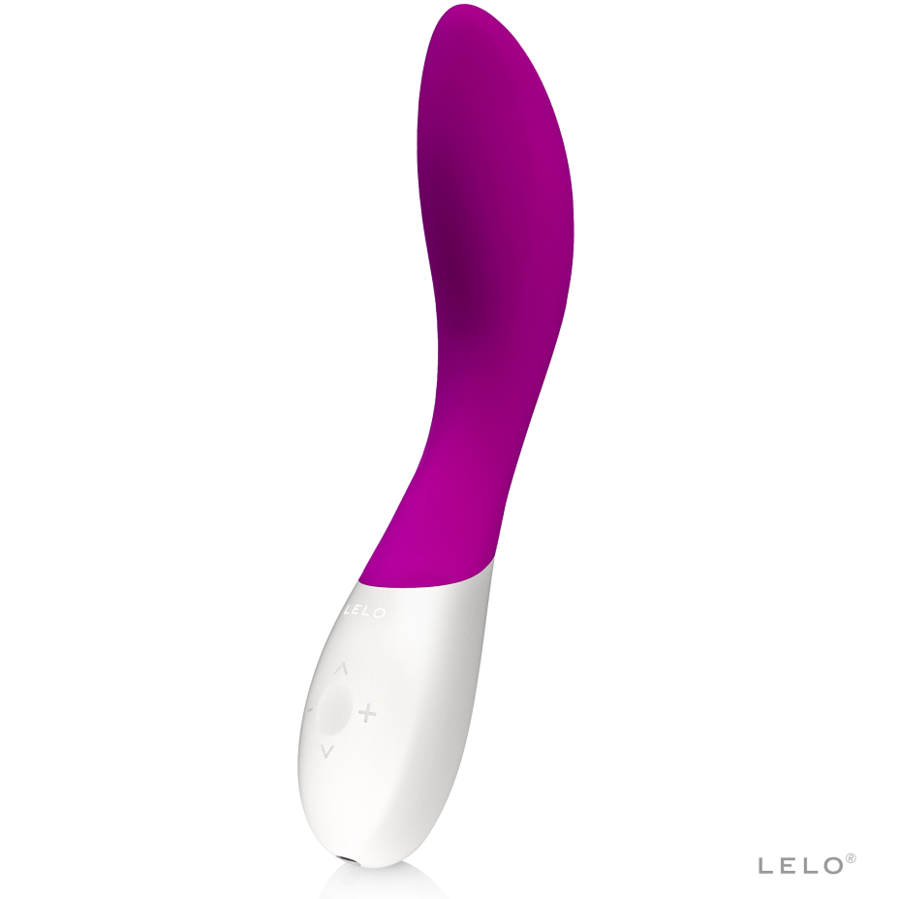 Purple and white curved vibrator with smooth silicone texture and control buttons on the handle.