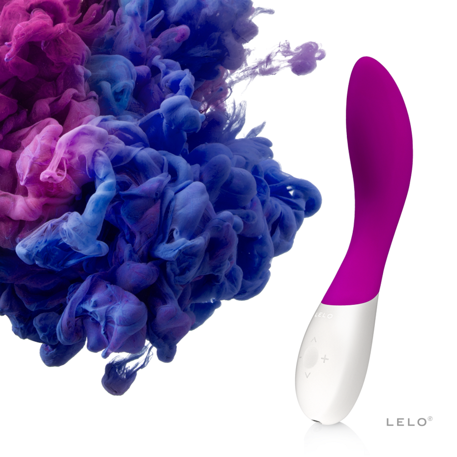 Night blue curved vibrator with white base and button controls next to swirling purple and blue smoke.
