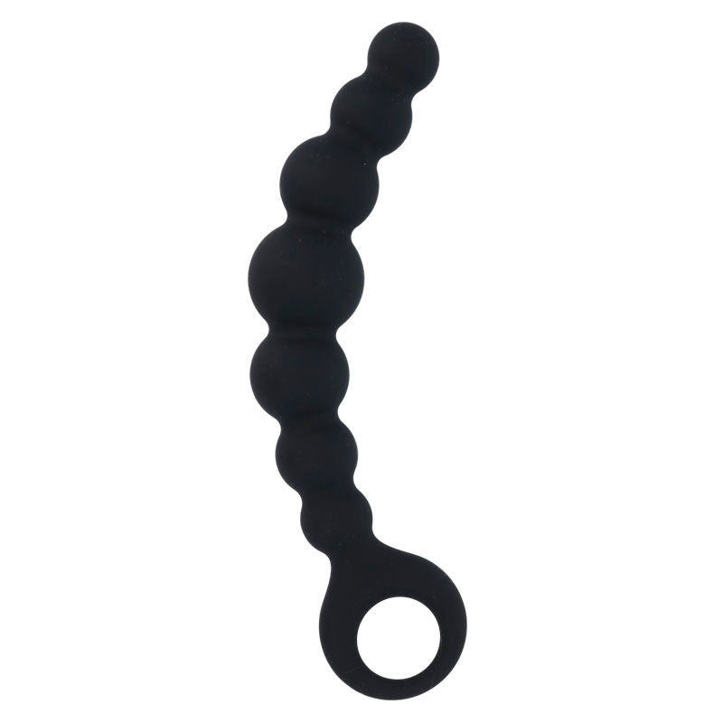 Black silicone anal beads with graduated round shapes and a looped handle.