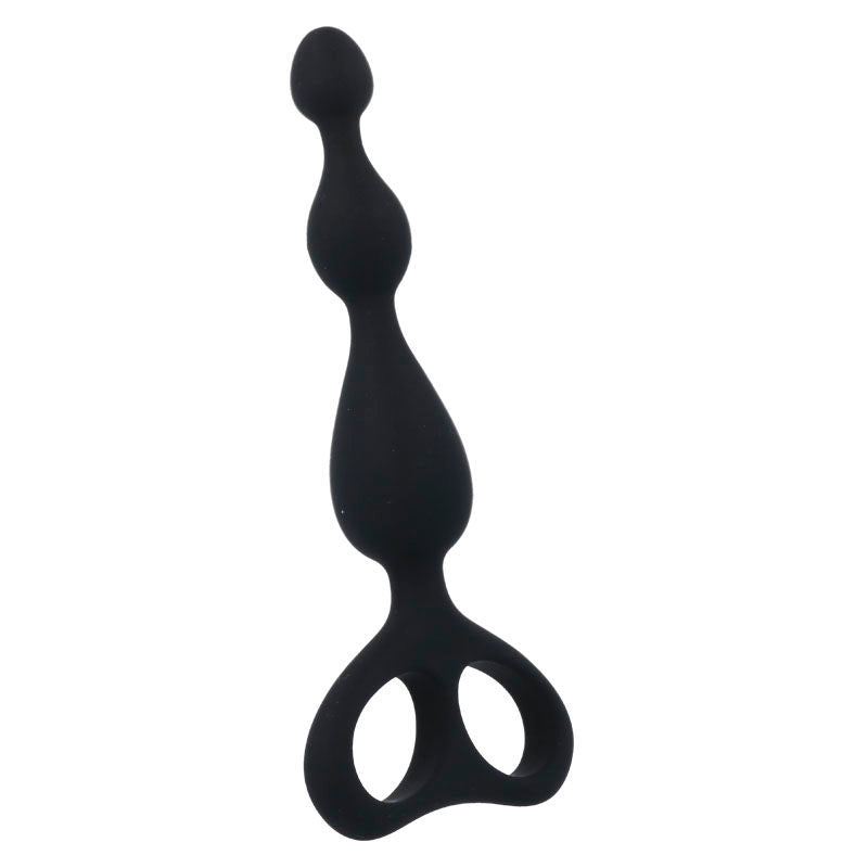 Black silicone anal plug with three graduated bulbs and a double-loop handle base.
