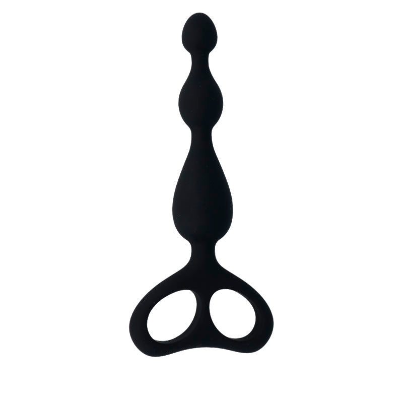 Black silicone anal plug with graduated bulbous shape and dual finger loop handle.