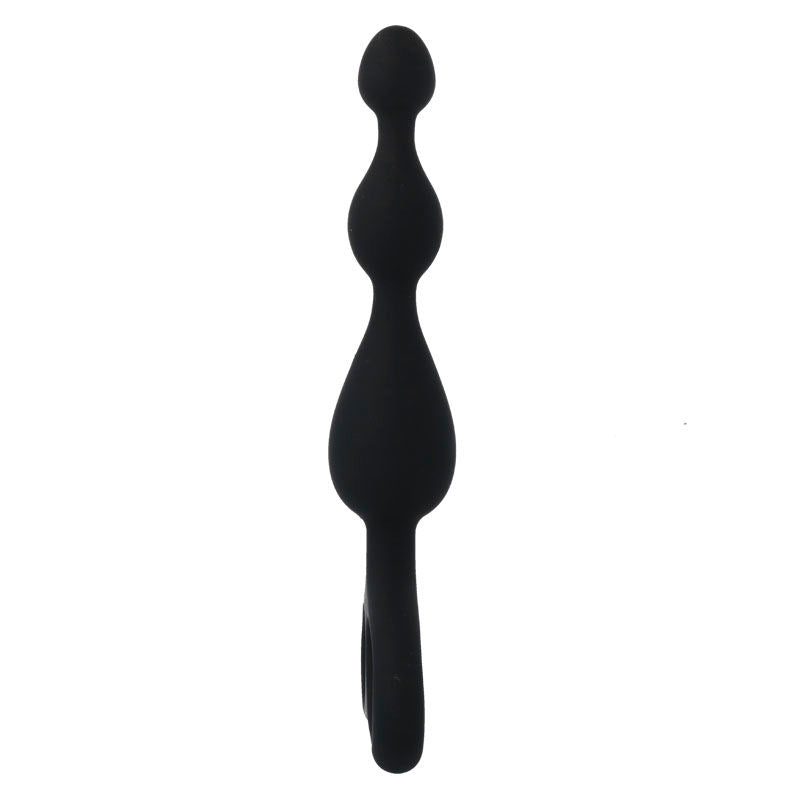 Black silicone anal plug with three graduated bulb shapes and a loop handle.