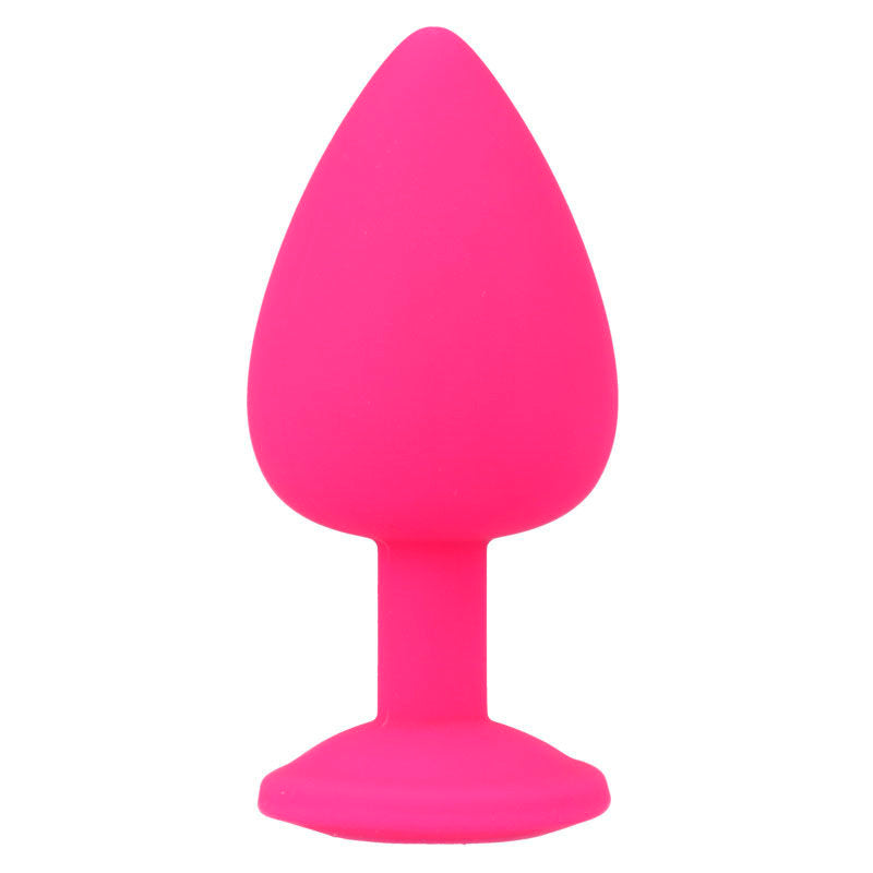 Fuchsia silicone anal plug with tapered tip and flared base, large size.