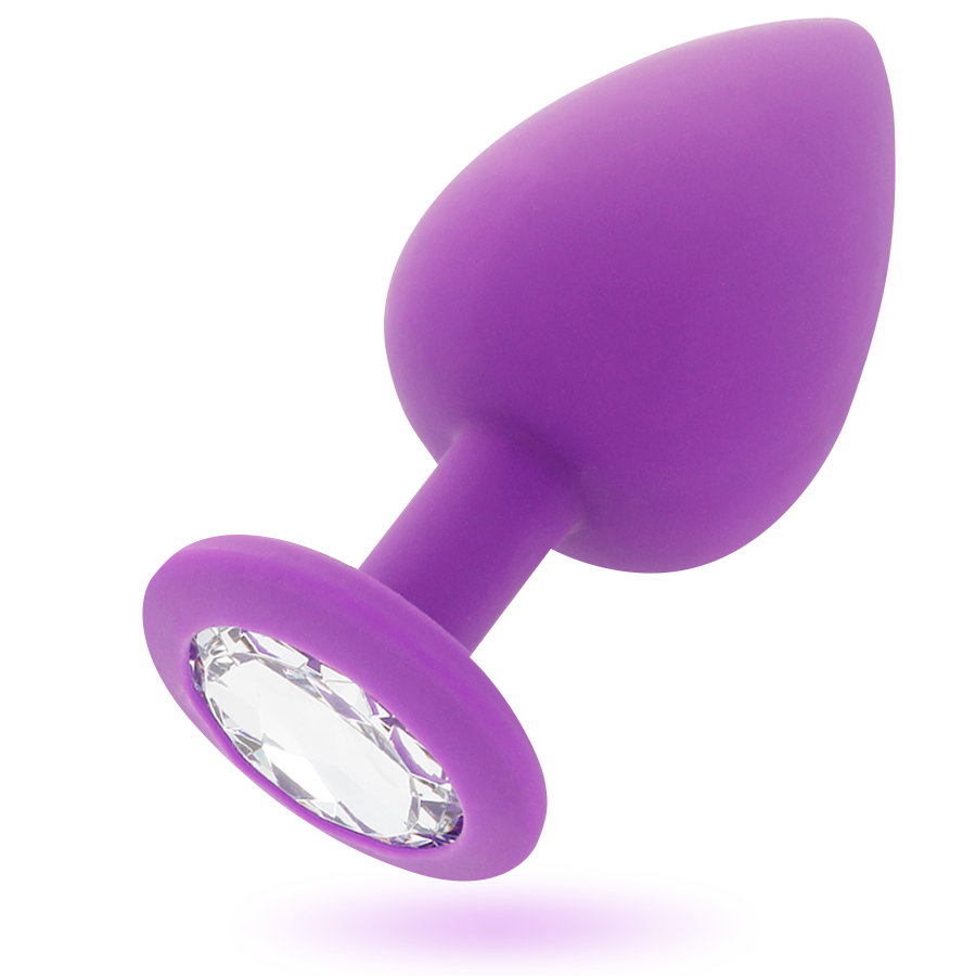 Lilac silicone anal plug with tapered tip and clear gem base.