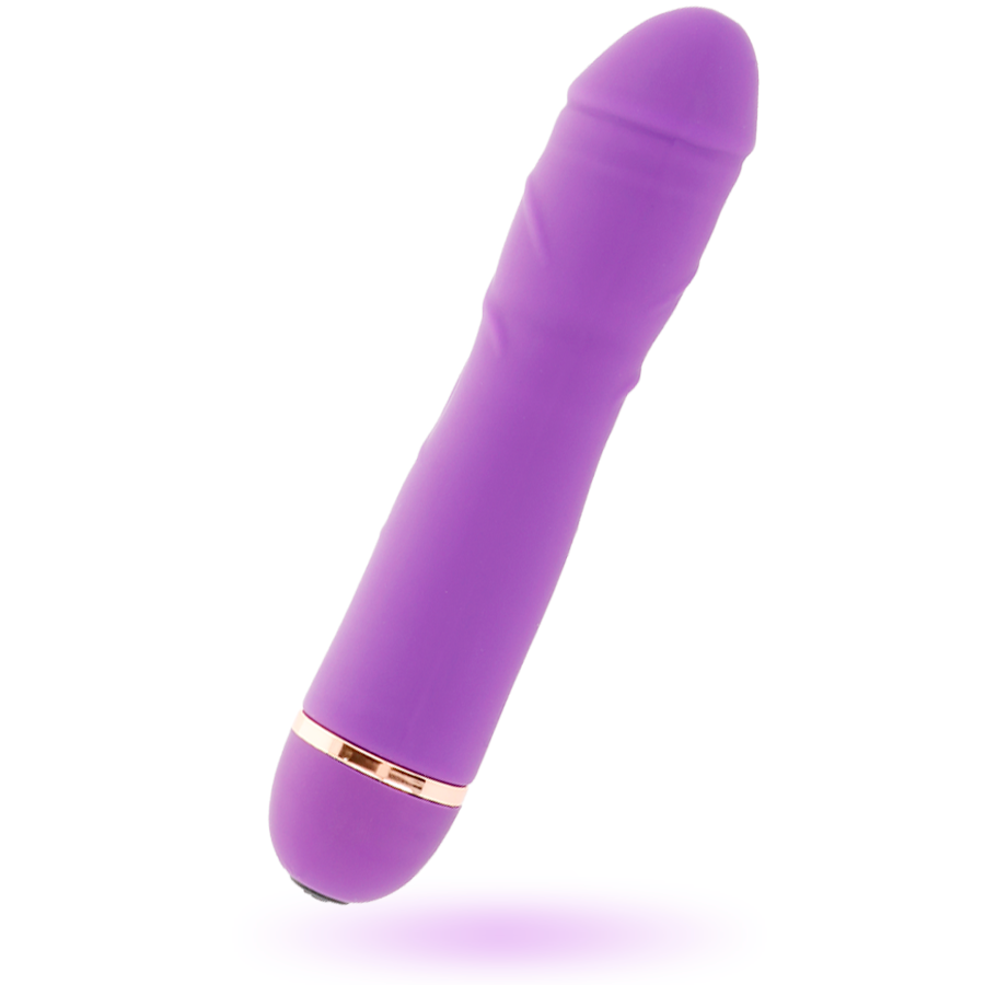 Lilac silicone vibrator with subtle ridges and gold accent band on the base.